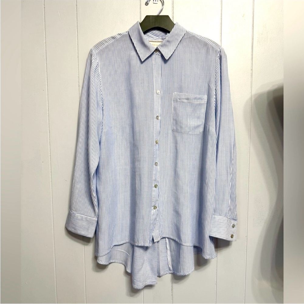 Chico's Light Blue Striped Button Down Shirt With Long Tail